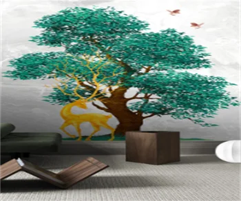 Estilo chinês abstrato árvore grande imitação de mármore sala de estar de plano de fundo de papel de parede em 3D, o alce foto mural personalizado com foto de papel de parede