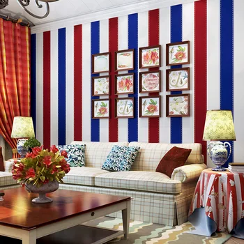 Europeus e Americanos estilo de papel de parede de estilo Europeu, retro menino menino quarto de vermelho e azul de listras verticais estilo Britânico de papel de parede