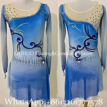 Feito à mão Patinação no Gelo Vestido de Mulher as Meninas' Azul Gradiente de Strass de Patinação artística Vestido de Competição de Dança de Desgaste