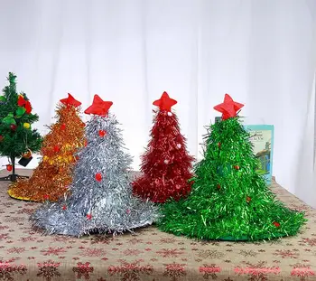 Forma de árvore de natal chapéu de Filhos Adultos festa prop Caps com top star vermelho, verde, ouro, prateado