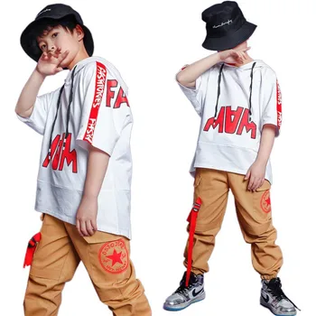 Hip Hop Roupas de Crianças de Dança Jazz Traje Branco com Capuz, T-shirt de Manga Curta Terno Street Wear Estágio de Desempenho Para o Dia das Crianças