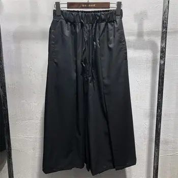Homens de Preto Carácter Ocasional de Perna Larga Calças Moda 7 Cento Solta Reta Calças com elástico na cintura