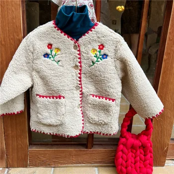 Inverno Meninas floral bordado de lã casacos de meninas Bebê vintage engrossar casacos quentes