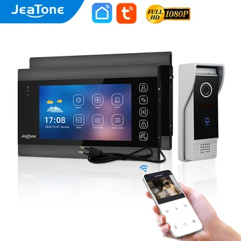 JeaTone Tuya WiFi Vídeo porteiro 2pcs de 7 Polegadas Interior com Botão de Toque, Tela do Porta Telefone com FHD 1080P com Fio ao ar livre Campainha Câmara