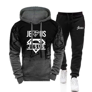 Jesus Sportswear com Capuz Casacos e calças de Moletom de Alta Qualidade Mens Casual Esportes Jogging Terno Outono Inverno 2pcs Conjunto de Treino