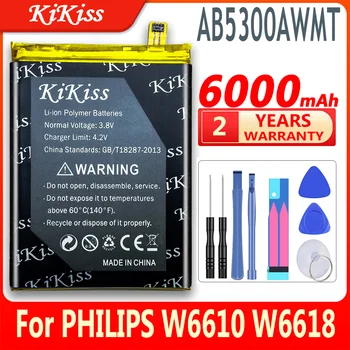 KiKiss Grande Capacidade de 6000mAh da Bateria do Telefone Móvel PHILIPS W6610 W6618 de Polímero de Lítio Recarregáveis AB5300AWMT