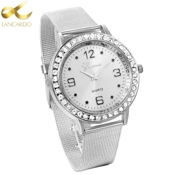 Lancardo Novo De Luxo Crystal Homens Mulheres Relógios De Prata Relógio De Malha De Aço Da Tira De Ouro Horloges Mannen Vestido De Relógio De Pulso O Transporte Da Gota