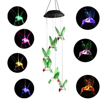 LED Colorido Wind Chime Energia Solar, Lâmpada de Cristal Beija-flor Borboleta Impermeável Exterior do Jardim do Windchime da Luz Solar