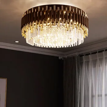 Luxo moderno preto + ouro iluminação do candelabro grande ronda de lâmpadas de cristal sala quarto LED candelabro