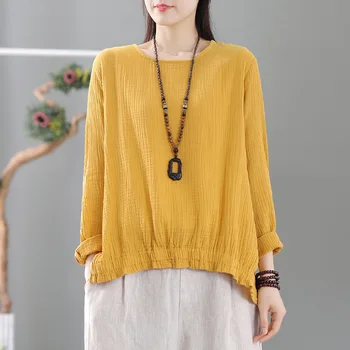 Marca confortáveis de algodão, camisas de linho 12 cores solto e casual Plissado Assimetria vintage blusa Primavera Autunm de estilo Chinês, tops