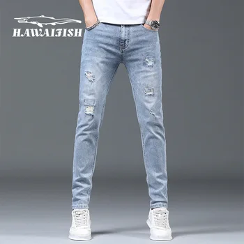 Masculina Jeans Buraco Homens Jeans, Marca De Moda 2021 Slim Reta Business Casual Fina Elasticidade Algodão, Denim, Calças Calças