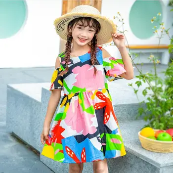 Meninas adolescentes com roupas de verão nova garota fora do ombro floral vestido de princesa crianças impressão de flor de algodão festa frocks crianças sundress