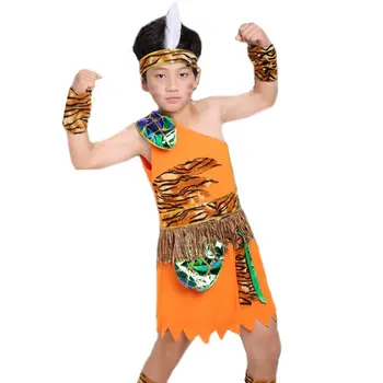 Menino de Halloween Traje Cosplay Crianças Wavage Caveman Fantasias de Menino leopard Flintstone Tribais Africanos Caçador Indiano Roupas de menina
