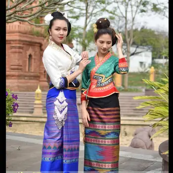 Mianmar traje Tradicional Dai nacionalidade slim retro manga curta Jaqueta Top + saia de salpicos de água Festival roupas vida