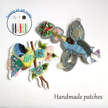 Moda DIY pássaro frisado Patches para o vestuário, Bordados de Paetês costurar em animais patches para sacos decorativos parches applique