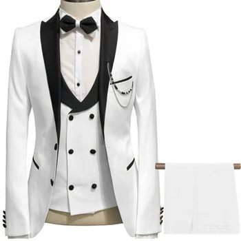 Moda masculina Casual Boutique Ternos de Negócio 3 Pcs Set / Masculino Breasted Dobro de Duas Cores de Costura Veste Blazer Jaqueta Calças