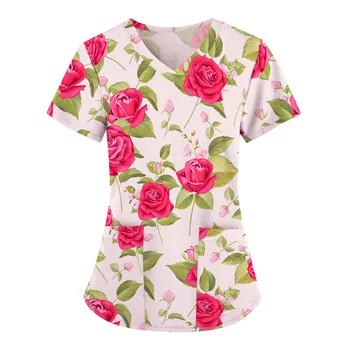 Mulheres Blusa de Manga Curta com decote em V Clínica de Vestuário Padrão Floral Tops Com Bolso de Enfermagem Uniforme de Trabalho Casual Macio Camisas de 2022