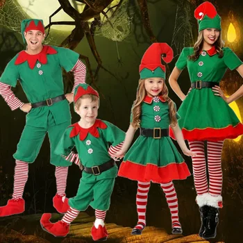 Natal Cosplay Verde Roupas Elfo Mulheres Homens Natal Papai Noel Traje Vestidos Crianças Adultos Da Família Conjuntos De Navidad 2022