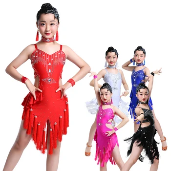 Novo preto azul Vermelho vestido de dança latina para meninas criança latino-concurso de dança de vestidos meninas de borla salsa dança latina fantasias