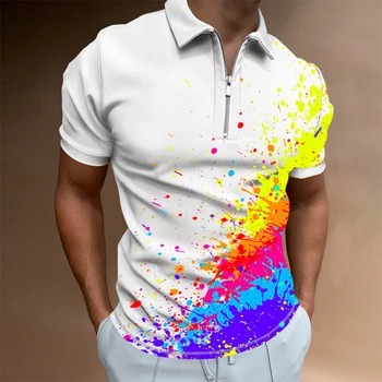 Os homens verão casual camisa de polo de graffiti 3D fresco de impressão de cor de manga curta, camisa de polo de moda de rua de lapela T-shirt tops