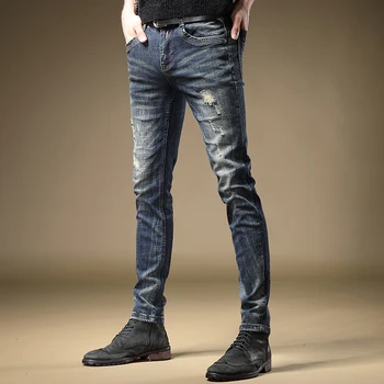 Outono dos Homens Novos Blue Jeans Rasgados Moda Reta Calças Slim Fit Estilo coreano Angustiado Jeans Calças