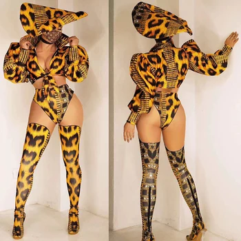 Personalidade Leopard Virada Para Baixo De Gola Mulheres Bodysuits Conjunto Brilhando Assimétrico Apertado Boate Desgaste Mostrar Chapéu Barra Do Traje De Dança
