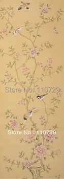 Pintados à mão papel de parede de seda pintura Peônia flor/pássaros pintados à mão, papel de parede wallcovering muitas imagens/planos de fundo opcional