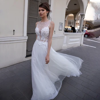 Pura Ilusão Vestidos De Noiva Em 2022, Uma Linha-O-Pescoço Apliques De Renda Botão De Tule Trem Da Varredura Vintage Vestido De Noiva Vestidos De Noiva