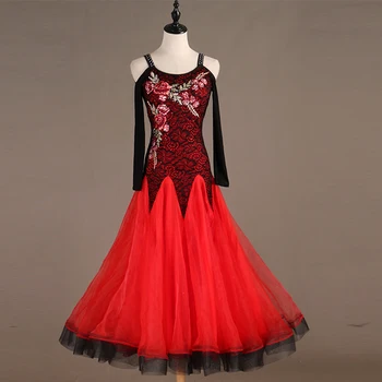 Red Lace Dança De Salão Vestido De Padrão De Salão De Baile De Valsa Vestidos De Dança De Salão Concurso De Vestidos De Moda