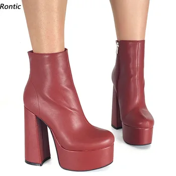 Rontic 2021 Inverno Artesanal de Mulheres de Plataforma Ankle Boots Bloco de Salto do Dedo do pé Redondo Lindo Vermelho Fúcsia cor-de-Rosa do Partido NOS Sapatos de Tamanho de 5 a 15