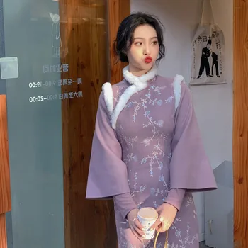 Roxo Falsos Duas Peças De Moda Qipao Mulheres Vestido Chinês Tradicional Vestido De Chino Mujer Vintage Cheongsam Outono Inverno Engrossar