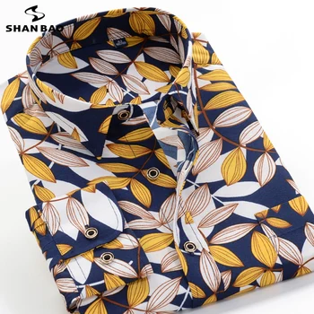 SHANBAO marca clássica da folha da planta flor de impressão homens soltos camisa de manga comprida, em 2022, primavera novo tamanho grande camisa casual XXL-10XL