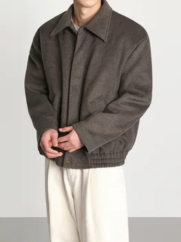 SYUHGFA vestuário masculino de 2023 Outono Inverno Lapela de Alta Qualidade a Curto Estilo Solto de Lã Casaco coreano Streetwear Jaquetas com Zíper