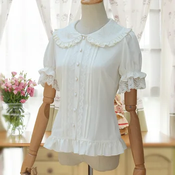 Sólido branco Doce Lolita Camisa Curta Puff Manga Gola Peter Pan Branco Plissado Blusa para Senhoras Tops
