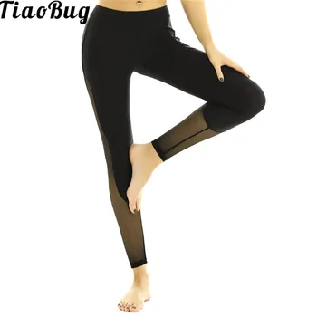 TiaoBug Mulheres Respirável Cintura Alta De Malha Do Lado De Emenda Elástico, Leggings Treino Desportivo Calças De Yoga Dança De Meia-Calça