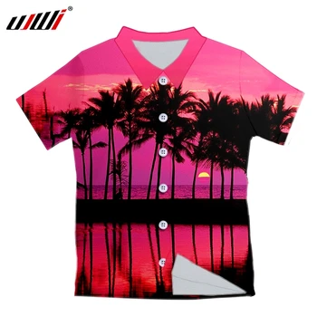 UJWI Mens Camisa Havaiana Moda Casual Botão cor-de-Rosa de coco árvore de Impressão Praia de Manga Curta, Seca Rápido, Top Blusa XXS-6XL