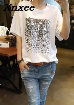 Verão de algodão solto sequin t-shirt feminina curtas-camisa de manga coreano versão casual de bambu, algodão branco tops Xnxee