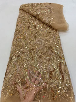 Vestido de High-End feito a mão Frisada Lace Tecido de Ouro Bordado francês Lace Vestido de Noiva Bordado Aqua Tecido Tule HP311
